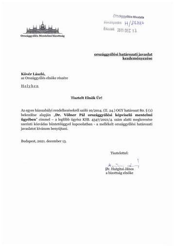 Read more about the article Itt van Völner Pál mentelmi jogának felfüggesztését indítványozó országgyűlési határozati javaslat